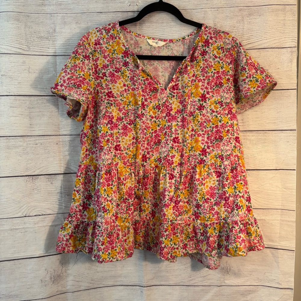 Plus Size Floral Pink and Yellow Women's Top